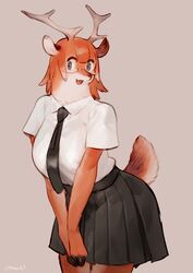  2020 anthro antlers bebebebebe bottomwear clothed clothing countershading deer eyewear female fully_clothed glasses hi_res horn kemono looking_at_viewer mammal necktie open_mouth reindeer-chan_(bebebebebe) shirt simple_background skirt smile solo standing topwear 