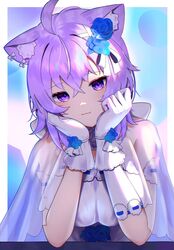  :3 ahoge alternate_costume animal_ears ao_ne bad_id bad_pixiv_id breasts breasts_squeezed_together cat_ears cloak closed_mouth crossed_bangs dress elbow_rest female flower gloves hair_between_eyes hair_flower hair_ornament hands_up highres hololive jitome large_breasts light_purple_hair looking_at_viewer medium_hair nekomata_okayu outside_border purple_eyes see-through smile solo upper_body virtual_youtuber 