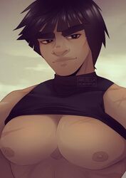  1boy ari_(arilibella) bara bare_pectorals black_hair black_tank_top clothes_lift dark-skinned_male dark_skin highres huge_eyebrows i_started_working_out_to_be_healthier_now_my_tits_won&#039;t_let_my_shirt_down_(meme) large_pectorals male_focus meme might_guy muscular muscular_male naruto_(series) naruto_shippuuden nipples pectoral_focus pectorals scar scar_on_chest shirt_lift short_hair smile solo tank_top textless_version thick_lips 