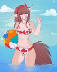 accessory anthro arms_bent ball beach_ball bikini blue_eyes breasts brown_hair brown_tail canada canadian_flag canadian_flag_bikini canid canine canis cleavage clothed clothing cloud detailed_background digital_media_(artwork) female flag flag_bikini flag_clothing flag_print flag_swimwear fluffy fluffy_tail fully_clothed gesture hair hair_accessory hair_ribbon hand_gesture holding_ball holding_beach_ball holding_object inflatable kaity_(kaitycuddle) kaitycuddle leaf_print legs_in_water looking_at_viewer mammal maple_leaf navel outside palm_tree partially_submerged plant pool_toy print_bikini print_clothing print_swimwear reflection ribbons sea seascape simple_background sky smile solo submerged_legs swimwear tail tree v_sign water wolf