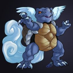 1:1 ambiguous_gender anthro biped blackheartspiral blue_body blue_skin claws feathered_wings feathers generation_1_pokemon head_wings hi_res nintendo pokemon pokemon_(species) pose reptile scalie shell simple_background smile solo standing wartortle wings