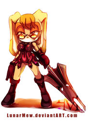 anthro brown_eyes cattleya cosplay eyewear female glasses holding_melee_weapon holding_object holding_sword holding_weapon lagomorph leporid lunarmew mammal mature_anthro mature_female melee_weapon queen&#039;s_blade rabbit sega solo sonic_the_hedgehog_(series) sword text url vanilla_the_rabbit weapon