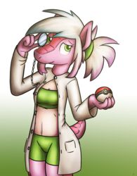 abs anthro armadillo biped bra breasts clothed clothing coat eyewear female fur green_eyes hair hi_res holding_eyewear holding_object holding_pokeball lab_coat mammal monocle navel nintendo pink_body pink_fairy_armadillo pink_fur pokeball pokemon satch simple_background smile solo standard_pokeball standing tg-0 topwear underwear xenarthran