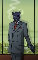 aleone anthro cat_city cigar clothed clothing coat cybernetics cyborg domestic_cat double-breasted eye_patch eyewear felid feline felis fritz_teophil fully_clothed machine male mammal melanistic military pantherine service smoke smoking solo suit topwear