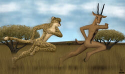 2009 antelope anthro ass bovid casual_nudity cheetah dan_scarlet duo felid feline fur gazelle grass hi_res horn humor male mammal nude outside plant predator/prey running savanna side_view sky smile spots wood