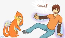 brown_eyes brown_hair buizel dialogue duo electrikestorm english_text feral fur generation_4_pokemon hair human magic male mammal mischievous nintendo orange_body orange_fur pokemon pokemon_(species) surprise text transformation