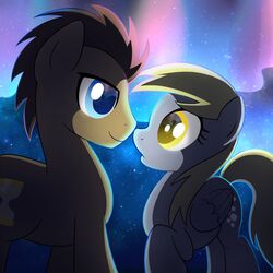 1:1 2012 aurora_(phenomenon) blonde_hair blue_eyes boop brown_hair close_(disambiguation) collaboration cutie_mark derpy_hooves doctor_whooves_(mlp) duo earth_pony equid equine feathered_wings feathers female feral friendship_is_magic grey_body grey_feathers hair hasbro horse male mammal my_little_pony mythological_creature mythological_equine mythology night outside pegasus pony reflection romantic romantic_ambiance romantic_couple star theairevolution wings yellow_eyes