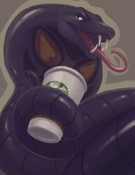 absurd_res ambiguous_gender arbok beverage coffee container cup digital_media_(artwork) disposable_cup fangs feral food generation_1_pokemon hi_res nintendo open_mouth pokemon pokemon_(species) reptile scalie simple_background smile snake_hood solo starbucks teeth thestory tongue tongue_out what