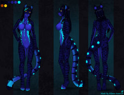 2014 anthro biped blue_body blue_fur blue_hair breasts domestic_cat eliana-asato felid feline felis female front_view fur glowing hair long_hair long_tail mammal mixed_breed model_sheet multiple_angles multiple_poses pose rear_view savannah_cat side_view simple_background solo spots standing tail yellow_eyes