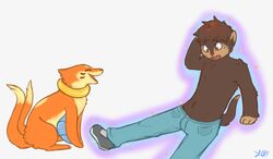 black_body black_fur brown_eyes brown_hair buizel concern duo electrikestorm english_text feral fur generation_4_pokemon generation_6_pokemon hair happy human litleo magic male mammal nintendo orange_body orange_fur paws pokemon pokemon_(species) surprise text transformation