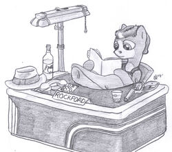 2014 anthro beverage biped bottle cider clothing container crossed_legs cup desk detective dombrus earth_pony electronics equid equine fan_character fedora file_folder food furniture greyscale gun handgun harness hasbro hat headgear headwear holding_object horse lamp landline_phone male mammal monochrome my_little_pony nameplate phone pony ranged_weapon reading revolver rockford_pi rotary_phone shoulder_holster simple_background sitting solo table traditional_media_(artwork) weapon white_background