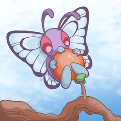 1:1 ambiguous_gender antennae_(anatomy) arthropod bite butterfree flying food fruit generation_1_pokemon insect_wings insects lepidopteran nintendo plant pokemon pokemon_(species) red_eyes solo teeth tree wings wooperworks