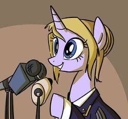 2014 alternate_species badge blonde_hair blue_eyes bust_portrait clothing electronics equid equine female feral hair hasbro horn mammal microphone my_little_pony mythological_creature mythological_equine mythology natalia_poklonskaya ponification portrait sketchyjackie solo unicorn uniform