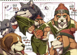 anthro ball basketball_(ball) biceps big_muscles bottomwear brown_body brown_fur canid canine canis clothing domestic_dog ear_piercing eye_patch eyewear facial_hair facial_piercing fur goatee green_eyes grey_body grey_fur hat headgear headwear holding_ball holding_object inubikko japanese_text lip_piercing male mammal molosser mountain_dog muscular muscular_male piercing saint_bernard shorts sketch text tongue tongue_out topwear translation_request vest wolf