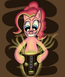 blue_eyes earth_pony equid equine female feral friendship_is_magic front_view fur glowing hair hasbro holding_object horse looking_down mammal mask my_little_pony pink_body pink_fur pink_hair pinkie_pie_(mlp) pony smile solo the_mask unknown_artist