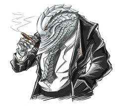 2008 ambiguous_gender anthro capcom cigar clothed clothing flying_wyvern monster_hunter necktie ring scalie simple_background smoke smoking solo suit tagane ukanlos white_background yellow_eyes