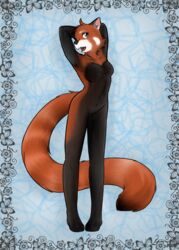 abstract_background ailurid anthro biped black_body black_fur black_nose blue_eyes breasts featureless_breasts female fur grey_eyes hair kurapika mammal may_(raven_wolf) naturally_censored navel nude open_mouth plantigrade pose raven_wolf red_body red_fur red_panda short_hair simple_background solo standing stripes teeth tongue white_body white_fur