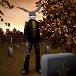 1:1 2012 3d_(artwork) ace_bunny anthro blue_eyes boots bottomwear cemetery clothing dan_scarlet detailed_background digital_media_(artwork) flower footwear fur grey_body grey_fur jacket lagomorph leporid loonatics_unleashed looney_tunes male mammal pants pink_nose plant rabbit solo superhero topwear warner_brothers white_body white_fur