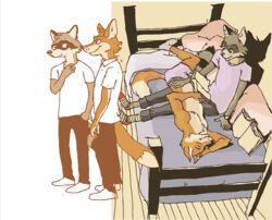 aiden_harris anthro bed canid canine closet_coon clothing colin_young duo fox furniture male male/male mammal procyonid raccoon red_fox romantic romantic_couple true_fox underwear wacks