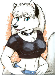 2013 anastasia_(kalahari) anthro arctic_fox black_nose blue_eyes bottomwear breasts canid canine clothed clothing collar denim denim_bottomwear denim_clothing female fox fur hair half-length_portrait jeans mammal marker_(artwork) midriff pants portrait signature smile solo terrie_smith traditional_media_(artwork) true_fox white_body white_fur white_hair