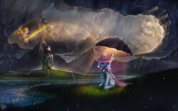 16:10 2014 absurd_res amazing_background blue_body blue_fur cape clothing cloud cutie_mark detailed detailed_background digital_media_(artwork) digital_painting_(artwork) double_rainbow electricity equid equine female fence feral friendship_is_magic fur glowing grass hasbro hat headgear headwear hi_res horse landscape lightning looking_at_viewer mammal mountain my_little_pony outside photonoko plant pony purple_eyes rainbow raining river scenery sitting solo trixie_(mlp) umbrella water widescreen windmill wizard_hat