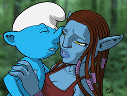 2009 4:3 alien alien_humanoid blue_body breasts brown_hair clothing crossover digital_drawing_(artwork) digital_media_(artwork) drawerofdrawings duo female hair hat headgear headwear humanoid humanoid_pointy_ears imminent_kiss interspecies james_cameron&#039;s_avatar kissing lips male male/female na&#039;vi not_furry phrygian_cap smurf the_smurfs thick_lips