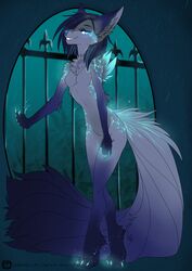 anthro big_ears bioluminescence blue_eyes breasts canid canine chest_tuft claws female fluffy fluffy_tail fur glowing grey_body grey_fur hi_res looking_at_viewer mammal night nude outside smile solo tail tuft twilight-goddess