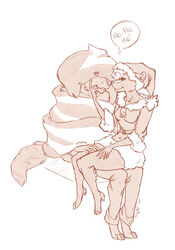 ambiguous_gender ambreon anthro brown_and_white caudle_(fursona) christmas christmas_clothing christmas_headwear clothing coiling duo euplerid female flirting fluffy fluffy_tail hat headgear headwear holidays long_tail mammal markings mephitid monochrome prehensile_tail ring-tailed_vontsira santa_hat skunk striped_markings striped_skunk striped_tail stripes tail tail_markings tail_seduction tail_wrapped tail_wrapped_around_body tail_wrapping teasing vontsira yuki_(disambiguation)