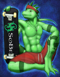 2008 abs anthro athletic bandana barefoot biped bottomwear clothed clothing feet front_view green_body green_skin guana iguana iguanid jewelry kerchief lizard looking_at_viewer male muscular muscular_anthro necklace pecs reptile rick_griffin scalie shorts sitting skateboard solo stripes sub-tympanic_shield topless vehicle