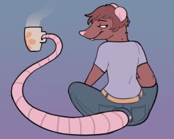 anthro beverage bottomwear clothing coffee dentia digital_media_(artwork) food hi_res hot_drink long_tail male mammal murid murine pants prehensile_tail rat ricket rodent solo tail