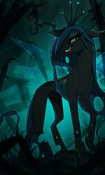 2014 3:5 arthropod changeling cool_colors dark_theme fangs female feral friendship_is_magic green_eyes green_hair hair hasbro hole_(anatomy) insect_wings long_hair looking_at_viewer my_little_pony probablyfakeblonde pupils queen_chrysalis_(mlp) slit_pupils solo standing teal_theme teeth thorns unusual_anatomy unusual_horn wings