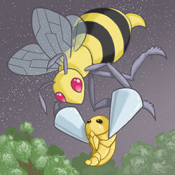 1:1 ambiguous_gender antennae_(anatomy) arthropod beedrill carrying_another chrysalis duo feral flying forest generation_1_pokemon hymenopteran insect_wings insects kakuna looking_up nintendo outside plant pokemon pokemon_(species) red_eyes simple_background star stinger stripes tree wings wooperworks