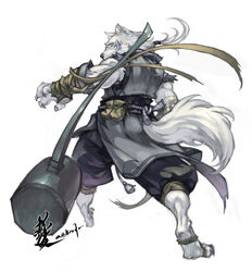 anthro bandage biceps big_muscles canid canine canis clothing fur hair hammer hi_res jeacn looking_at_viewer looking_back male mammal muscular muscular_anthro muscular_male ponytail pose rear_view robe simple_background solo tools white_background white_body white_fur wolf