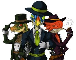 2008 ambiguous_gender anthro anthrofied bird_wyvern capcom clothed clothing cowboy_hat gendrome gloves group gun handwear hat headgear headwear iodrome looking_at_viewer monster_hunter pipe ranged_weapon scalie simple_background smoke smoking smoking_pipe suit tagane velociprey weapon western white_background