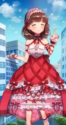  bare_shoulders breasts brown_hair building city closed_mouth commission dress earrings female giant giantess hairband highres idolmaster idolmaster_cinderella_girls index_finger_raised jewelry large_breasts outdoors red_dress sakuma_mayu short_hair skeb_commission smile solo strapless strapless_dress tori_ririisu white_hairband wrist_cuffs 