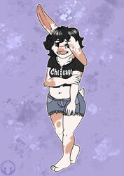  anthro arwenscoots barefoot bottomwear clothing conditional_dnp crop_top feet female floppy_ears hi_res lagomorph leporid mammal rabbit scar shirt shorts shy smile solo topwear 