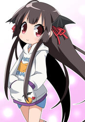  bat_wings black_wings blue_shorts blush brown_hair character_name closed_mouth clothes_writing commentary_request female fukuyama_(oshiro_project) hair_ribbon hands_in_pocket head_wings hood hood_down hoodie long_hair long_sleeves osaragi_mitama oshiro_project:re red_eyes red_ribbon ribbon short_shorts shorts sidelocks smile solo v-shaped_eyebrows very_long_hair white_hoodie wings 