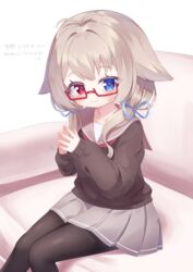  antenna_hair black_pantyhose black_sweater blue_eyes blue_ribbon blush brown_hair brown_sailor_collar closed_mouth commentary_request commission couch feet_out_of_frame female glasses grey_skirt hair_over_shoulder hair_ribbon heterochromia highres kokone_(coconeeeco) long_hair long_sleeves looking_at_viewer low_twintails on_couch original pantyhose pleated_skirt puffy_long_sleeves puffy_sleeves red-framed_eyewear red_eyes ribbon sailor_collar semi-rimless_eyewear sitting skeb_commission skirt sleeves_past_wrists smile solo steepled_fingers sweater translation_request twintails under-rim_eyewear white_background yukino_ko_(yukino_shiratama) 