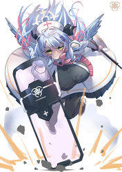  black_pantyhose blue_archive blue_hair blue_wings blush braid breasts dress feathered_wings female green_eyes ground_pound gun halo hat highres huge_breasts juliet_sleeves keyfanjun long_hair long_sleeves mine_(blue_archive) multicolored_hair neck_ribbon nurse_cap pantyhose pink_hair pink_ribbon pointy_ears puffy_sleeves ribbon riot_shield shield shotgun solo streaked_hair weapon white_dress wings 