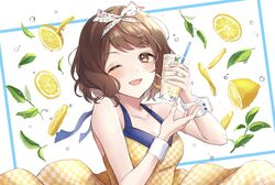  ;d anoa bare_shoulders blush breasts brown_eyes brown_hair checkered_clothes checkered_dress cleavage collarbone commentary_request cup dress drinking_glass drinking_straw female food fruit hair_ribbon hands_up holding holding_cup ice ice_cube idolmaster idolmaster_cinderella_girls lemon lemon_slice medium_breasts nagatomi_hasumi one_eye_closed open_mouth ribbon sleeveless sleeveless_dress smile solo white_background wrist_cuffs 