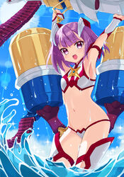  :d armpits arms_up bare_shoulders bikini blue_sky blush breasts day detached_sleeves fate/grand_order fate_(series) female frozen_yakan ground_vehicle hair_ornament helena_blavatsky_(fate) helena_blavatsky_(swimsuit_archer)_(fate) helena_blavatsky_(swimsuit_archer)_(second_ascension)_(fate) highres looking_at_viewer military military_vehicle motor_vehicle navel ocean open_mouth purple_eyes purple_hair red_bikini short_hair sky small_breasts smile swimsuit thighs two-tone_bikini wading water water_gun wet white_bikini 