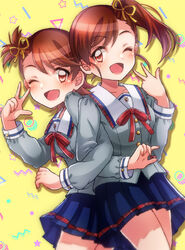  2girls 81_(mellowry) ;d blue_skirt blush brown_hair collarbone crossed_arms futami_ami futami_mami grey_shirt hair_ribbon highres idolmaster idolmaster_million_live! idolmaster_million_live!_theater_days junior_high_schoolmate_(idolmaster) looking_at_viewer multiple_girls one_eye_closed patterned_background pleated_skirt ribbon school_uniform shirt siblings side_ponytail sisters skirt smile twins uniform_series_(idolmaster) w 