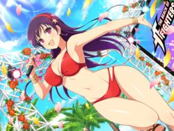  :d asamiya_athena bikini breasts cleavage commentary crossover earrings english_commentary english_text female flower hair_ornament hairband jewelry large_breasts long_hair looking_at_viewer microphone navel official_art open_mouth outdoors petals psycho_soldier purple_eyes purple_hair red_bikini red_hairband senran_kagura senran_kagura_new_link smile snk solo star_(symbol) star_hair_ornament stomach swimsuit the_king_of_fighters third-party_source yaegashi_nan 