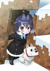  :o absurdres black_footwear black_hair black_jacket black_pants blue_bow blue_eyes blush boots bow breasts chains chibi collateral_damage_studios female fur_trim hair_intakes highres hololive hololive_english jacket looking_to_the_side medium_breasts minecraft open_mouth ouro_kronii pants snow solo virtual_youtuber waha_(artist) wolf_(minecraft) 