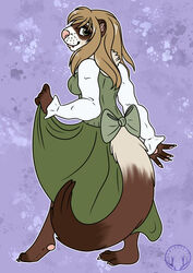  anthro arwenscoots bottomwear bow_ribbon clothed clothing clothing_lift conditional_dnp domestic_ferret dress fangs female hi_res long_skirt mammal mustelid musteline pawpads pose skirt skirt_lift solo teeth true_musteline weasel 