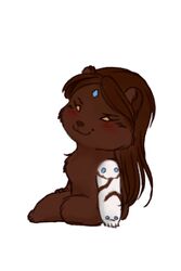  2:3 alternate_species bear blizzard_entertainment blush brown_body brown_fur brown_hair eyelashes female fur furrification hair long_hair low_res mammal murasaki_yuri overwatch simple_background sitting solo symmetra_(overwatch) white_background yellow_eyes 