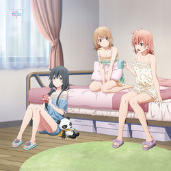  3girls bare_shoulders bed bed_sheet black_hair blonde_hair blue_eyes breasts cleavage coffee_mug copyright_name cup curtains frilled_underwear frills hair_bun holding holding_cup hugging_object indoors isshiki_iroha long_hair medium_breasts mug multicolored_nails multiple_girls nail_polish off_shoulder official_art on_bed on_floor open_mouth pillow pillow_hug pink_hair red_eyes room rug sandals scrunchie single_hair_bun sitting sleepover smile strap_slip stuffed_animal stuffed_panda stuffed_toy toenail_polish toenails v_arms wariza window yahari_ore_no_seishun_lovecome_wa_machigatteiru. yellow_eyes yuigahama_yui yukinoshita_yukino 