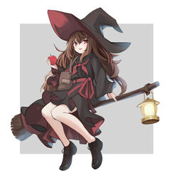  apple broom broom_riding brown_hair commentary_request female food fruit hat highres lantern long_hair original red_eyes simple_background solo witch witch_hat x_ace_k_x 