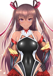  absurdres bare_shoulders black_gloves black_leotard breasts brown_hair closed_mouth collarbone covered_navel elbow_gloves female fingerless_gloves fishnets frilled_leotard frills gloves hair_between_eyes hair_ribbon hand_on_own_hip highres impossible_clothes impossible_leotard kanna_(minamozuki) leotard long_hair looking_at_viewer mizuki_yukikaze one-piece_tan pink_eyes red_ribbon ribbon simple_background smile solo taimanin_(series) taimanin_suit taimanin_yukikaze tan tanlines twintails upper_body 