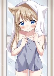  after_bathing animal_ear_fluff animal_ears bathroom blue_eyes blush brown_hair cat_ears cat_girl covering_breasts covering_privates female highres long_hair looking_at_viewer naked_towel original solo sugutsuka_rerun thighs towel towel_on_head towel_tug 